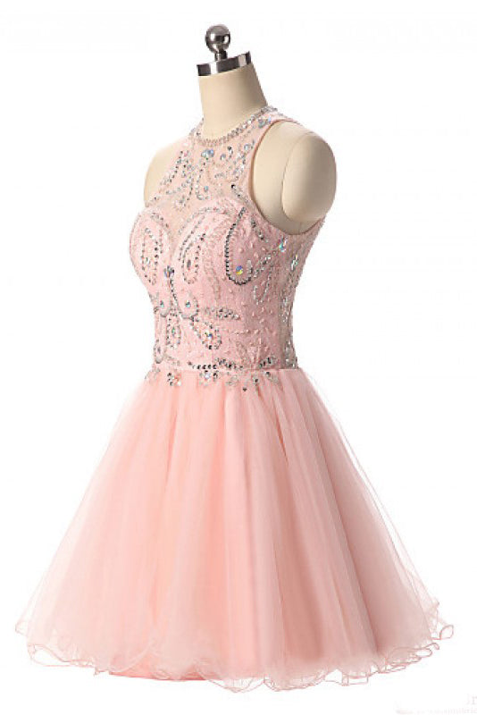 Pink Jewel Tulle Open Back Beading Sleeveless Homecoming Dresses