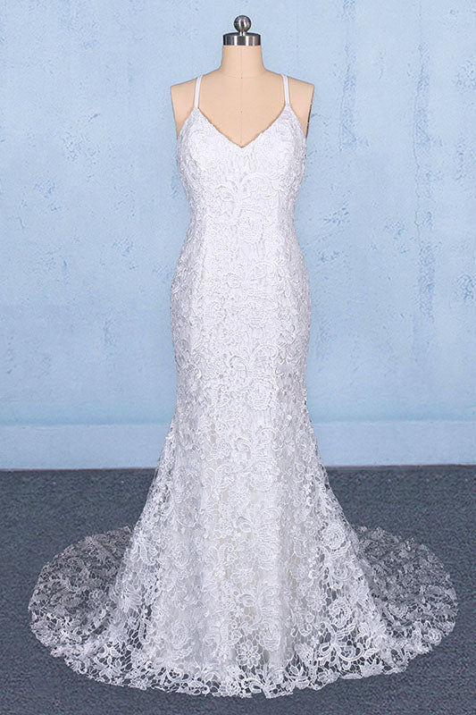 Elegant V Neck Lace Wedding Dresses, Mermaid Backless Lace Bridal Dress N2348