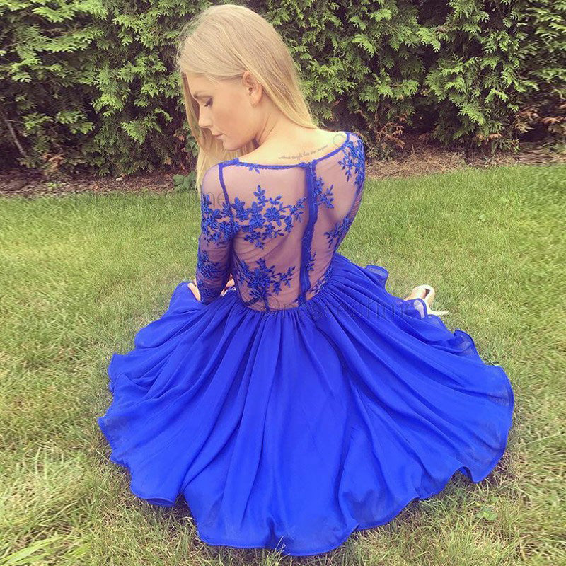 A Line V-Neck Long Sleeves Royal Blue Chiffon Lace Homecoming Dresses