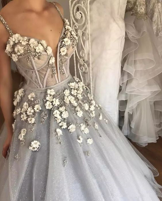 Sexy Straps Ball Gown Appliqued Deep V-Neck Beaded Wedding Dresses