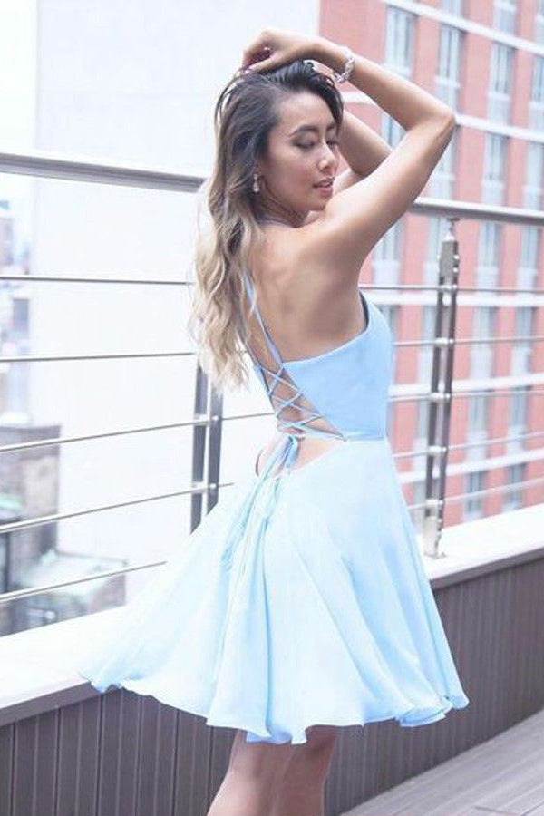 A-Line Halter Criss-Cross Straps Blue Chiffon Homecoming Dress with Pleats,Short Blue Dress,N335