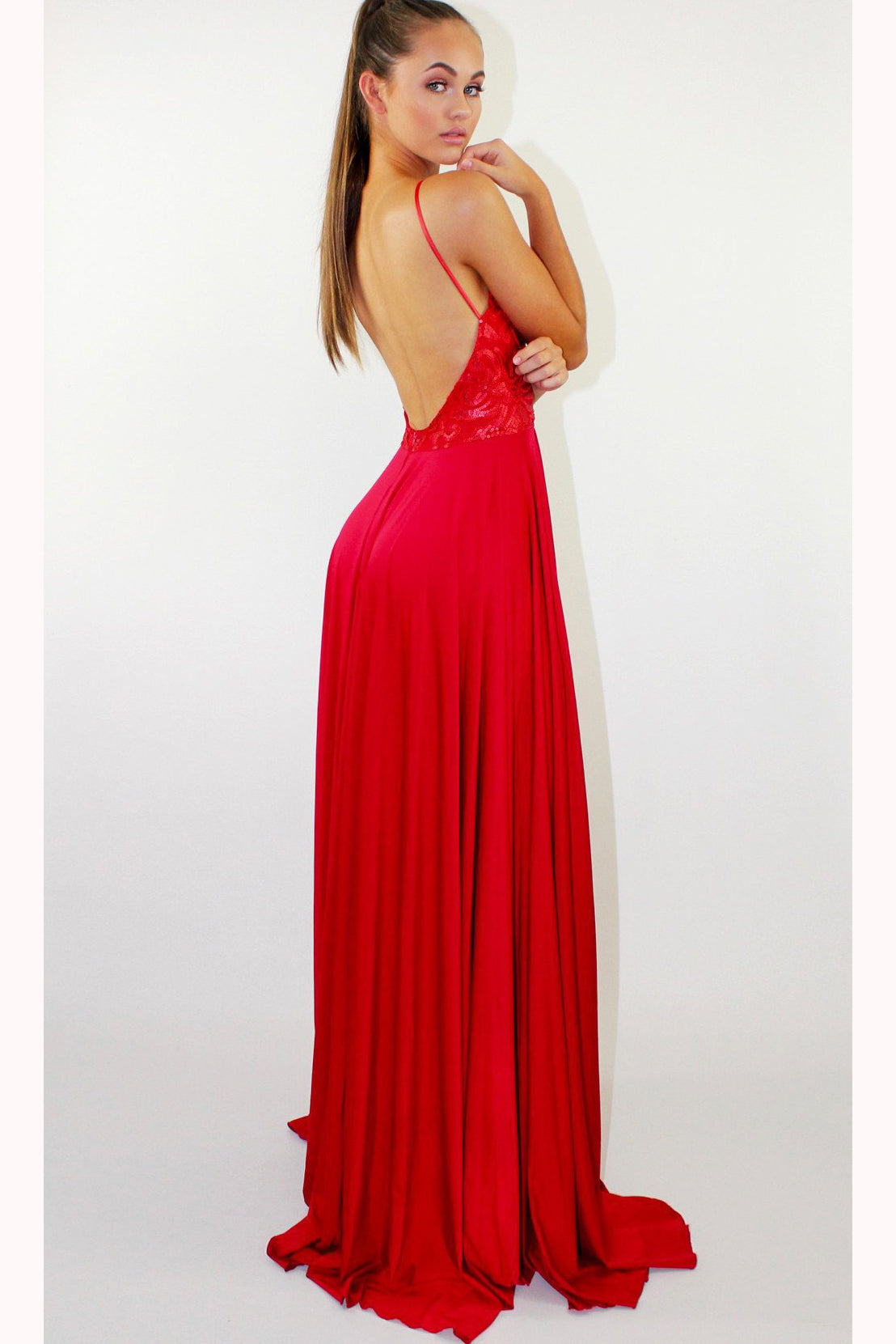 Red Backless Prom Dresses with Side Slit Long Party Dresses with Lace N1379