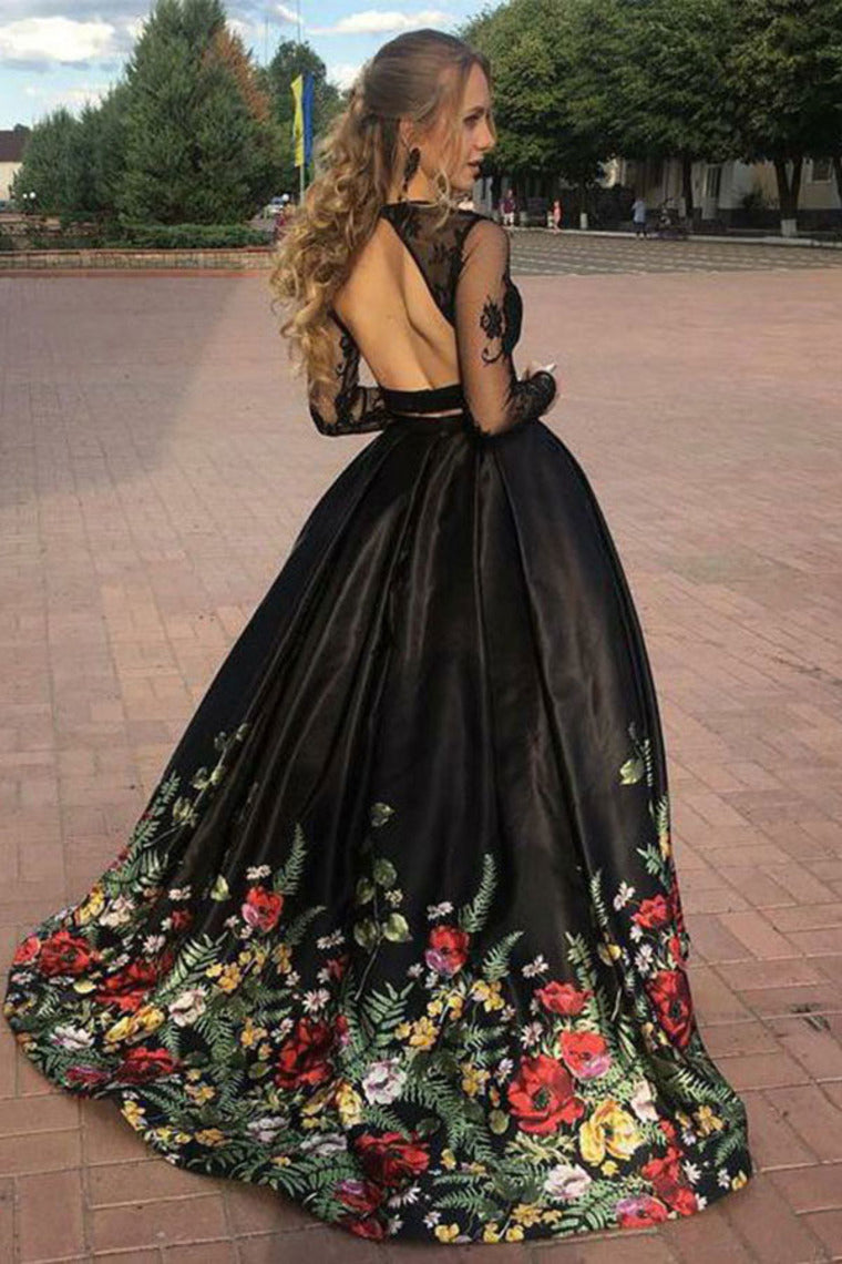 Two Piece Black Long Sleeve Formal Dresses with Appliques Long Prom Dresses with Lace N1400