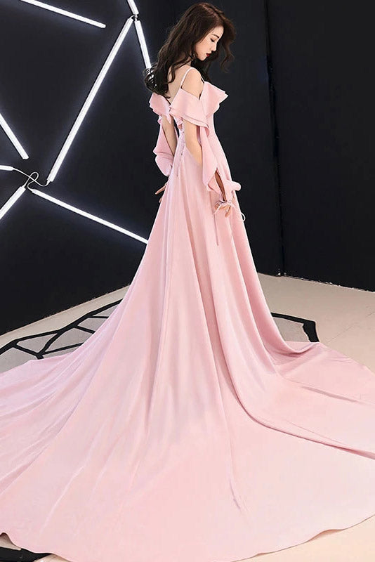 Spaghetti Straps Pink Chiffon Long Prom Dresses A Line Evening Dresses with Ruffle N2094