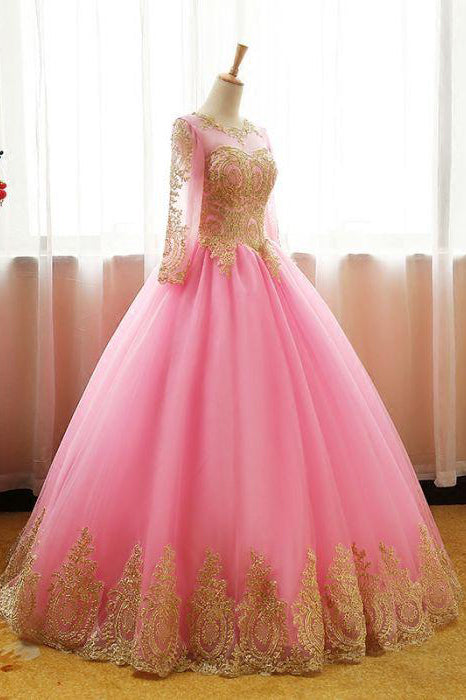 Ball Gown Pink Tulle Prom Dress with Gold Appliques Long Sleeves Quinceanera Dress N1191