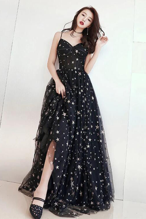 Black Spaghetti Straps Tulle Prom Dress with Stars, Floor Length Long Evening Dress N2580