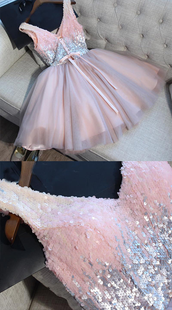 A Line Sequines V-Neck Tulle Mini Homecoming Dresses