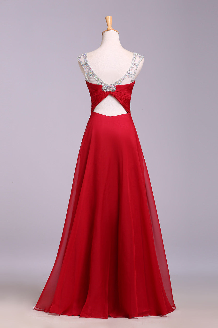 Red Floor Length Chiffon Prom Dresses with Crystals A Line Pleated Evening Dresses N1197