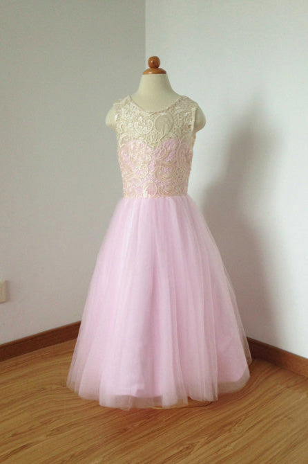 Lace Top Pink Tulle Long Flower Girl Dresses with Bow Cute Floor Length Flower Girl Dresses F028