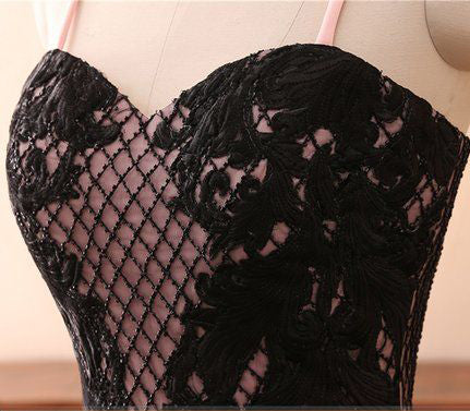 Pink Spaghetti Straps Sweetheart Long Mermaid Black Lace Prom Dresses N816