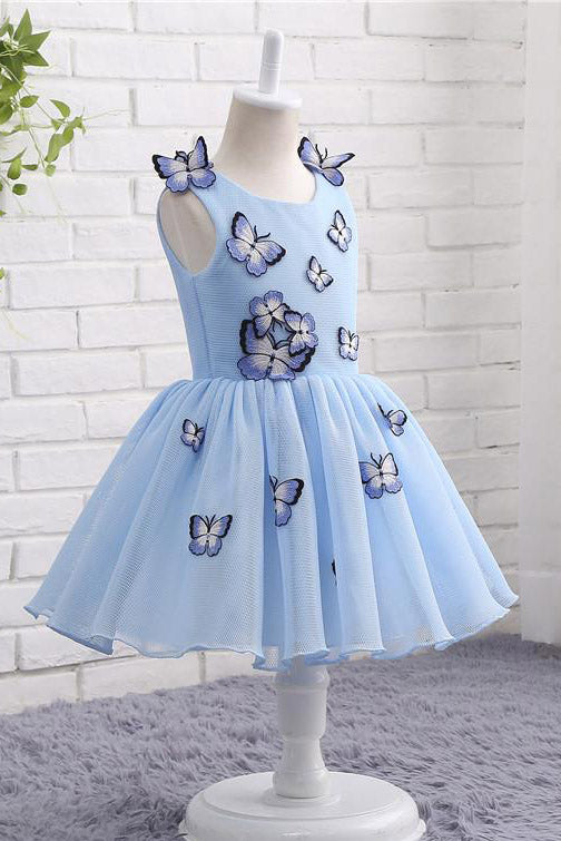 Light Blue Baby Girls Clothes Butterfly Appliques Puffy Flower Girl Dresses F057