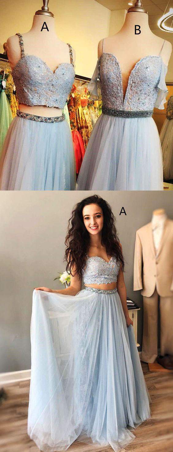 Light Blue Straps Mismatched Lace Tulle Prom Dresses Floor Length Evening Dresses with Beads N1262