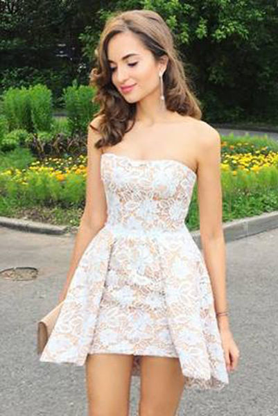 A-line Strapless Mini Lace Homecoming Dresses,Short Grad Dress,Sexy Junior Dresses,N321