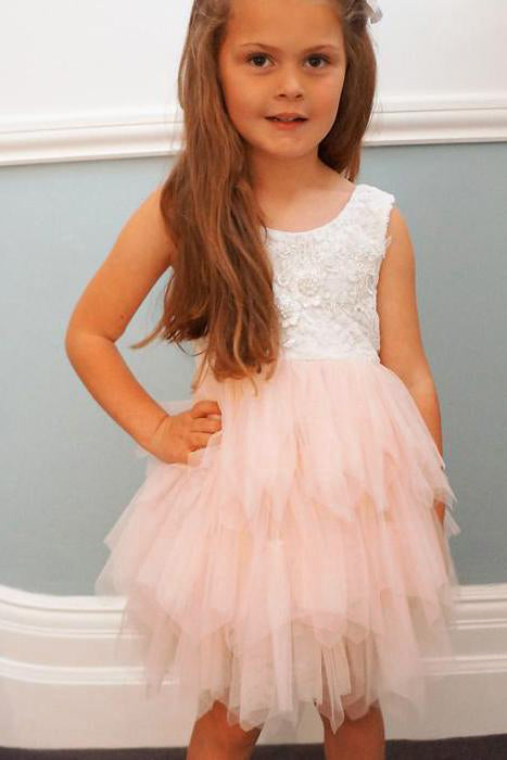 Adorable A Line Knee length Pink Tulle Little Flower Girl Dresses with Lace Backless Party Dresses F010