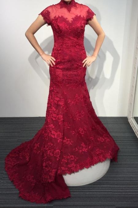 Burgundy Lace Short Sleeve High Neck Mermaid Sweep Train Evening Dresses Vintage Prom Dresses N413