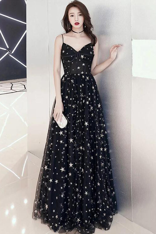 Black Spaghetti Straps Tulle Prom Dresses with Stars N2580