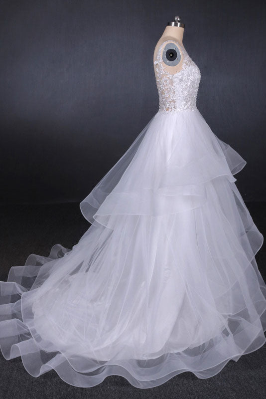 Unique V-Neck Sleeveless Tulle Wedding Dresses Asymmetrical Long Bridal Dresses N2290