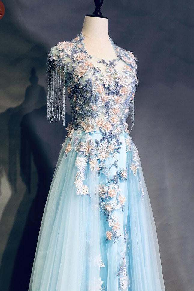 Unique Light Blue Beading Cap Sleeves Beading Applique Prom Dresses N1955