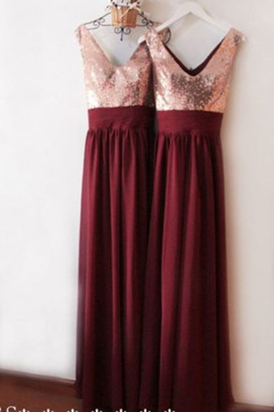 Burgundy V Neck Floor Length Bridesmaid Dress V Back Rose Gold Sequin Prom Dress