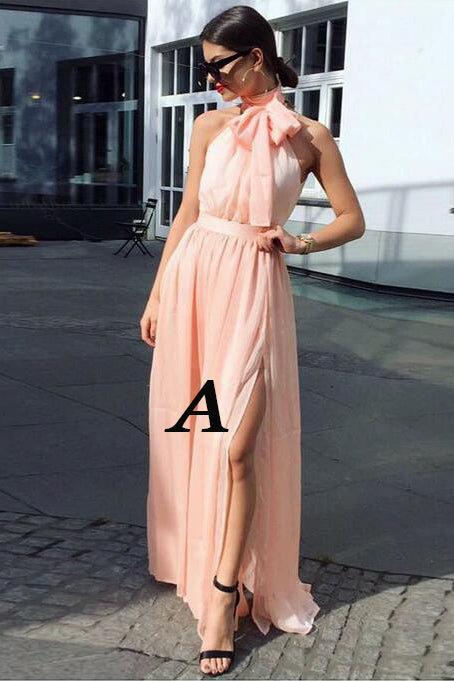 Unique A Line High Neck Chiffon Long Prom Dresses  Sleeveless Long Formal Dresses N1103