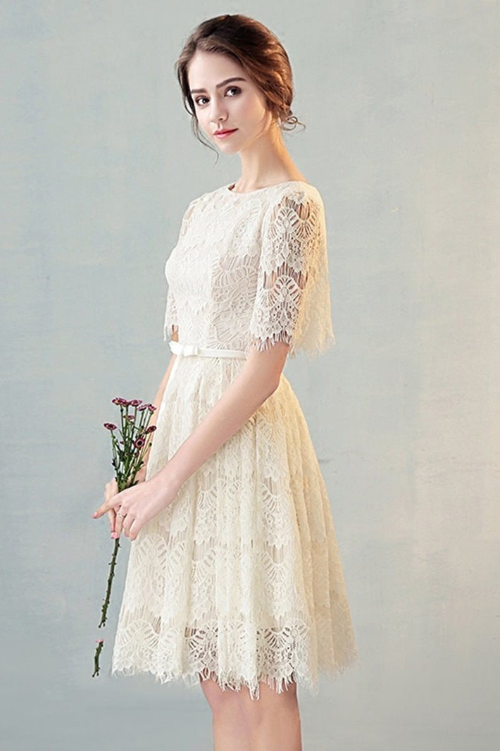 A Line Half Sleeves Lace Homecoming Dresses with Belt N1948