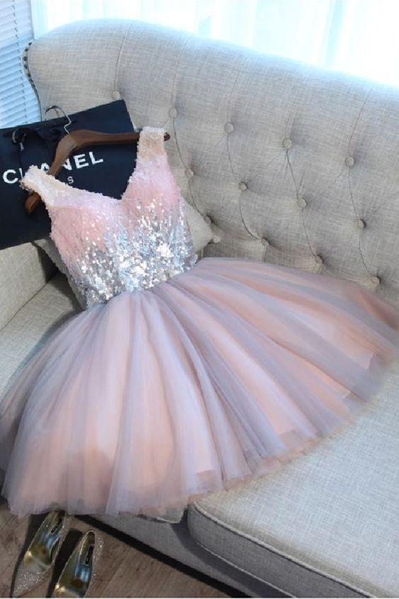 Shining Sequines V-Neck Tulle Homecoming Dresses N2141