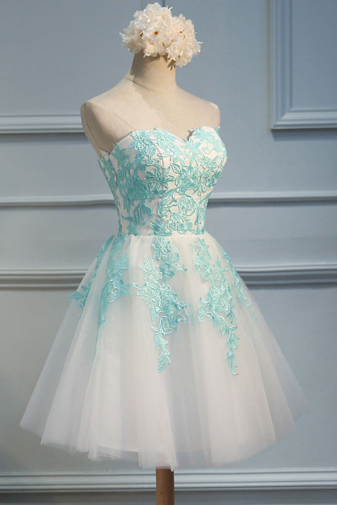 Ivory Sweetheart Homecoming Dress with Mint Appliques, Strapless Tulle ...