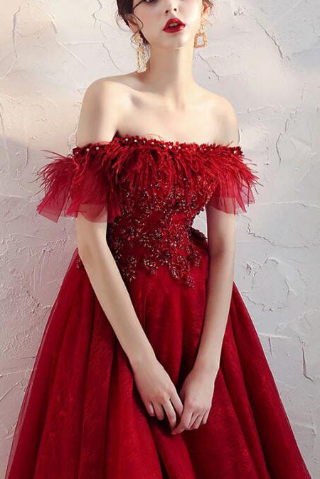 Burgundy Off the Shoulder Knee Length Homecoming Dresses with Beading A Line Dresses N2188