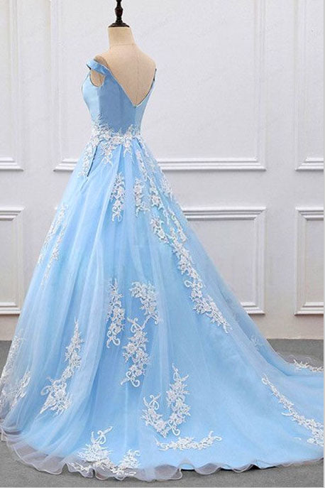 A Line Sky Blue V-Neck Lace Appliqued Tulle Prom Dress N418