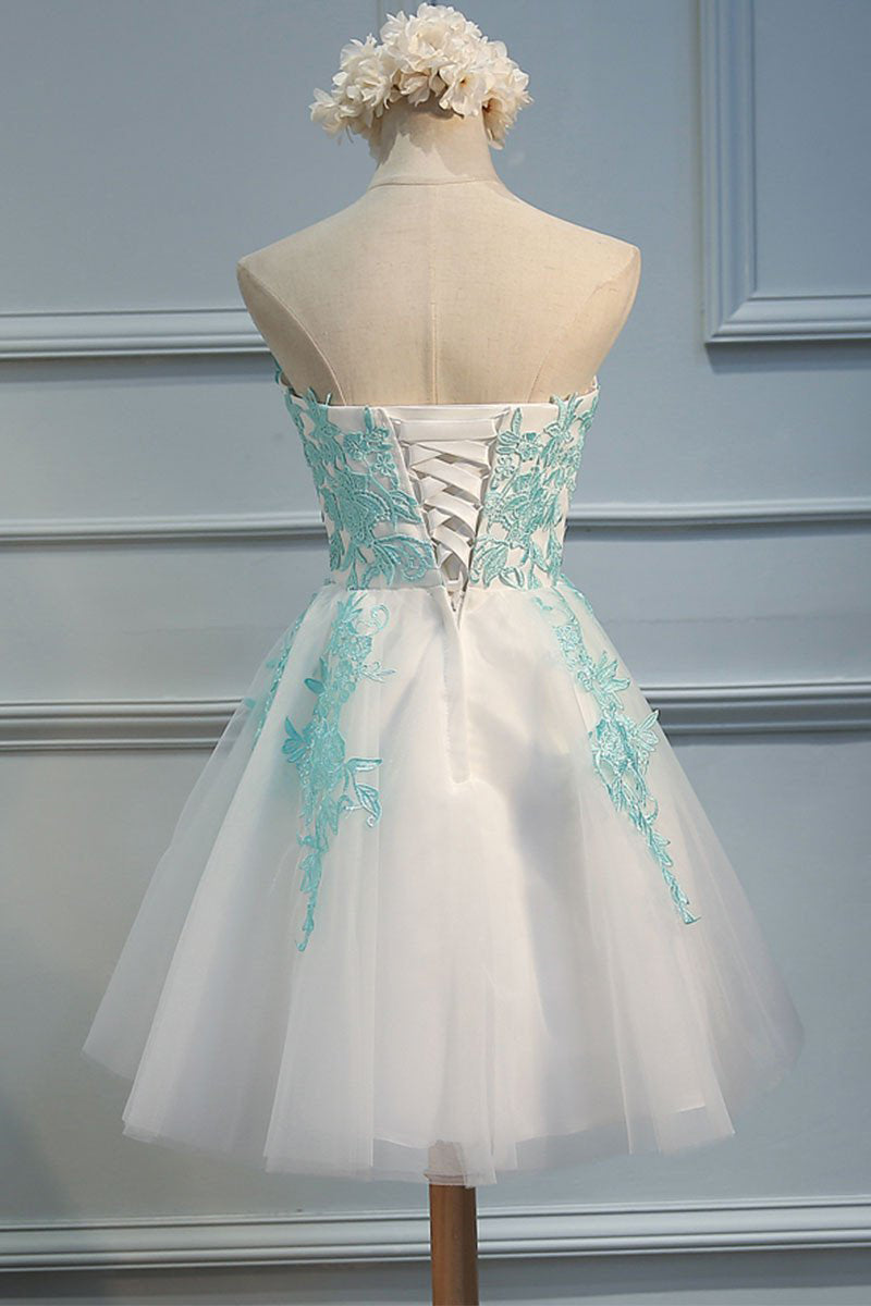 Ivory Sweetheart Strapless Tulle Homecoming Dresses with Mint Appliques