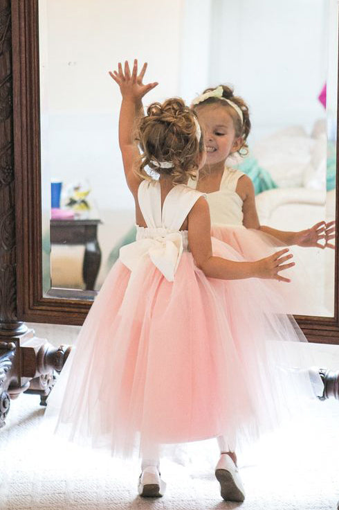 Cute Straps A-line Pink Long Tulle Flower Girl Dress,Sleeveless Flower Girl Dresses,F011