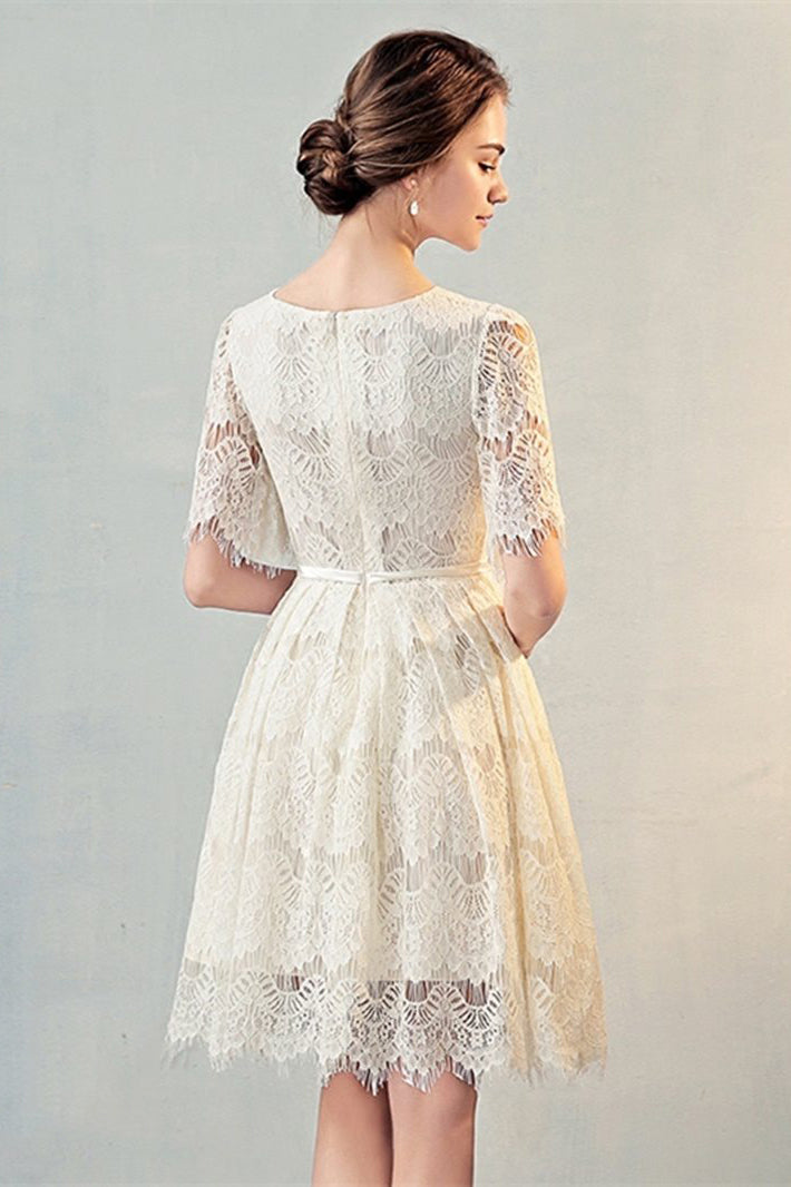 A Line Half Sleeves Lace Homecoming Dresses with Belt N1948