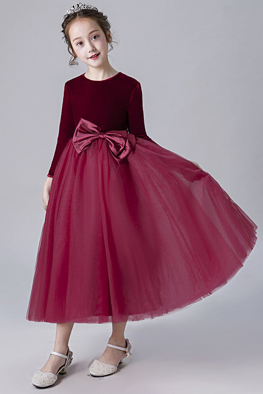 A Line Burgundy Long Sleeves Tulle Flower Girl Dress