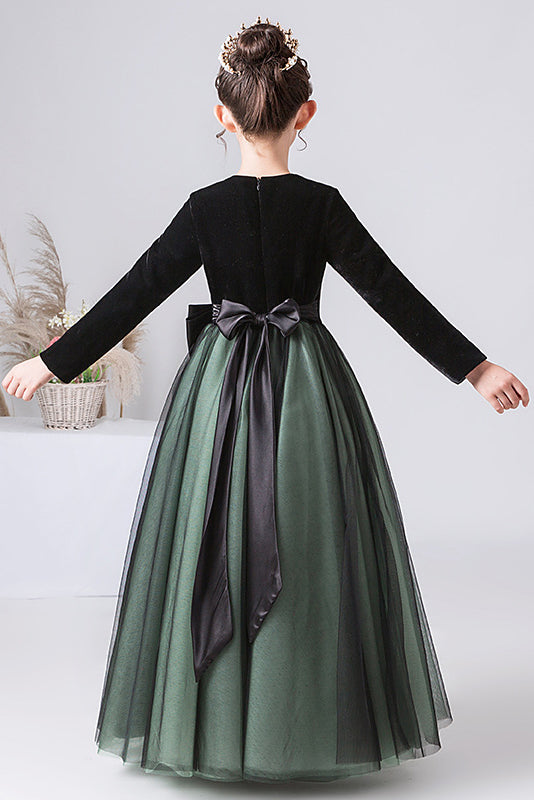 A Line Dark Green Long Sleeves Tulle Flower Girl Dress