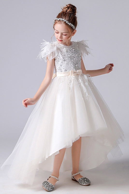 A Line Cap Sleeve Hi-Low Tulle Beading Flower Girl Dress