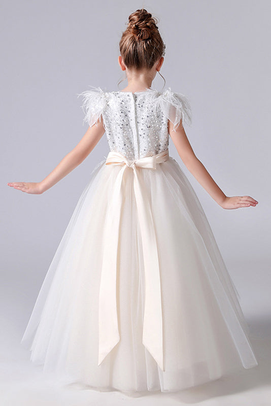 A Line Cap Sleeve Hi-Low Tulle Beading Flower Girl Dress