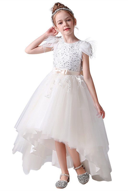 A Line Cap Sleeve Hi-Low Tulle Beading Flower Girl Dress