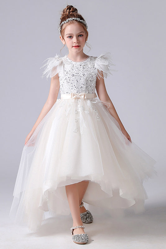 A Line Cap Sleeve Hi-Low Tulle Beading Flower Girl Dress