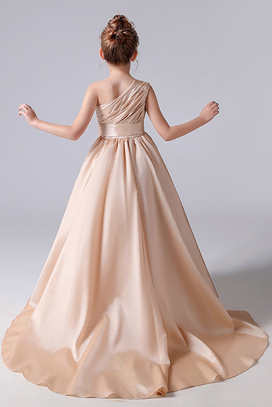 One shoulder Champagne Pleats Flower Girl Dresses With Fower Belt