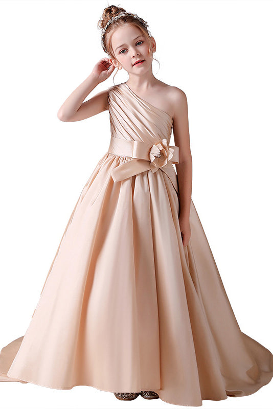 One shoulder Champagne Pleats Flower Girl Dresses With Fower Belt