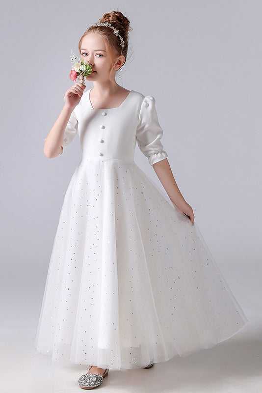 A Line Elegant White Short Sleeve Flower Girl Dress