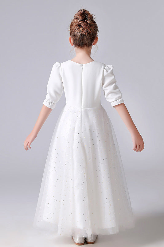 A Line Elegant White Short Sleeve Flower Girl Dress