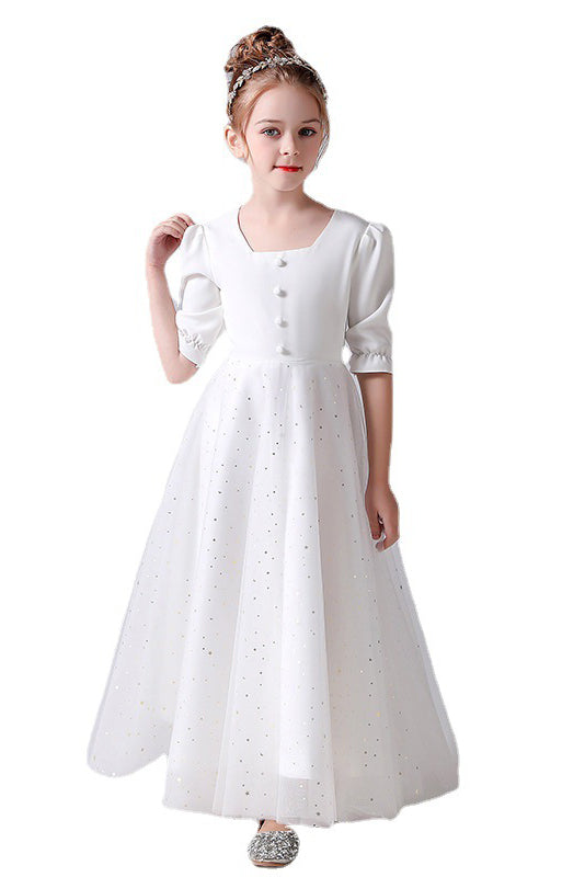 A Line Elegant White Short Sleeve Flower Girl Dress