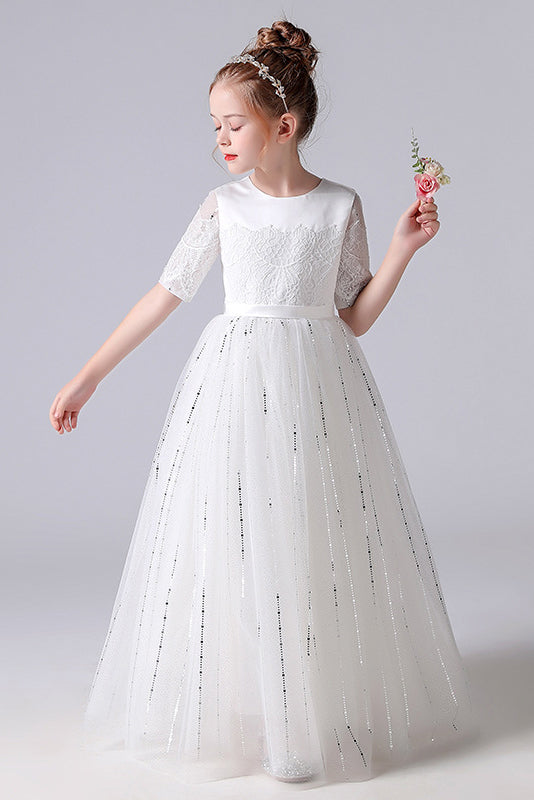 Short Sleeve tulle Princess Flower Girl Dresses With Bow Belt