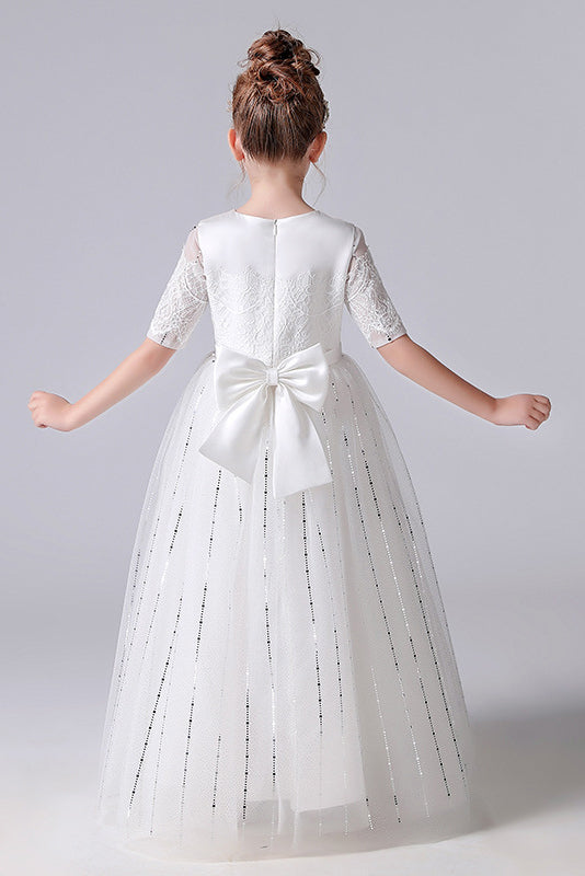 Short Sleeve tulle Princess Flower Girl Dresses With Bow Belt