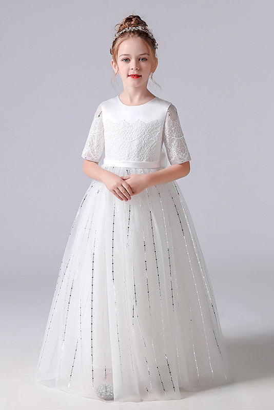 Short Sleeve tulle Princess Flower Girl Dresses With Bow Belt