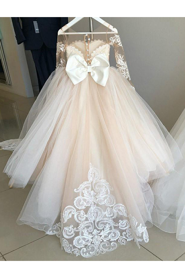 Gorgeous Long Sleeveless Appliqued Tulle Long Flower Girl Dresses with Bow F038