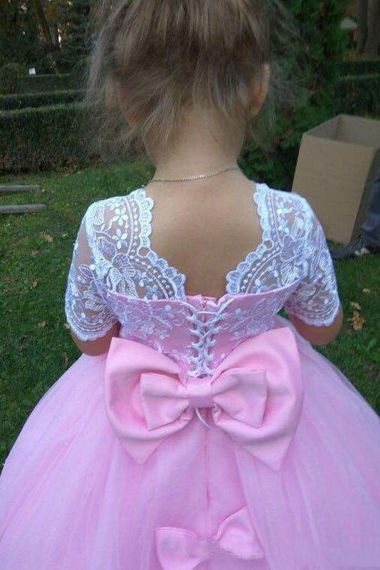 Ball Gown Cute Short Sleeves Long Flower Girl Dresses Lace Appliques Bow Flower Girl Dresses F079