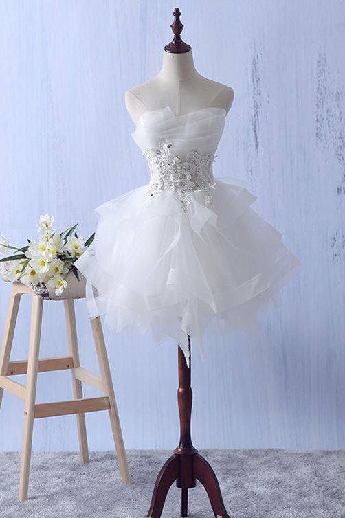 Ivory Mini Ruffles Strapless Short Homecoming Dress,Lace Appliques Graduation Dress N791