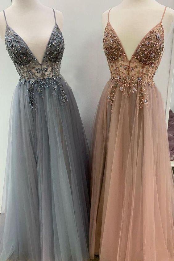 Spaghetti Straps Floor Length Beading Prom Dress with Rhinestone, Floor Length Evening Dress N2590